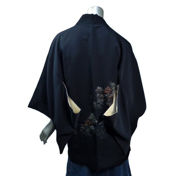 Vintage Black Silk Haori Kimono Jacket Cozy Houses & Trees Metallic Landscape - Picture 5 of 11